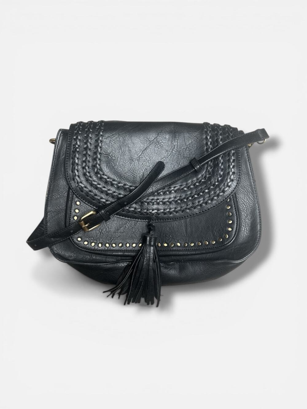 Antik Kraft Black Saddle Bag Faux Leather Tassel Crossbody Studded Western